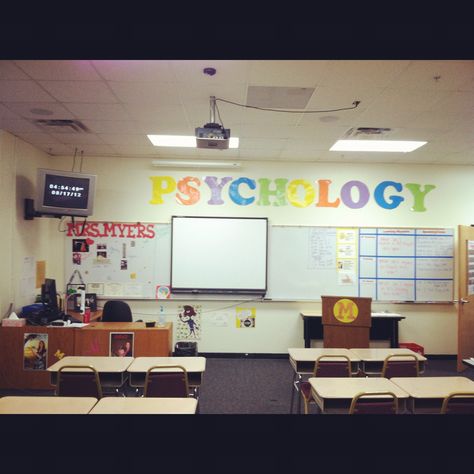 High school psychology classroom. The big letters up top were traced off a smart board projecting whatever size and font I wanted, then laminated and cut out. High School Psychology Classroom, Psychology Classroom Decorations, Psychology Classroom, High School Psychology, Classroom Decor Primary, Classroom Vibes, Letter Sounds Preschool, Smart Boards, Ap Psych