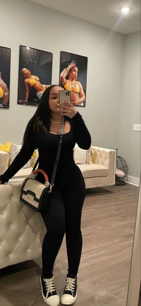 Black Bodysuit Outfit Baddie, Jumpsuit Outfit Black Women Sneakers, Jumpsuit Outfit Sneakers, One Piece Outfits Black Women, Bodycon Jumpsuit Outfit With Sneakers, How To Style Black Jumpsuit, Black Cargo Pants Outfit Baddie, Black Bodysuit Outfit Ideas, Body Suit Outfits Black Women