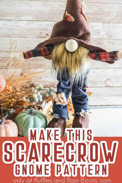 Outdoor Fall Gnomes Diy, How To Make Standing Gnomes, How To Make Scarecrows, Diy Sitting Scarecrow, Garden Scarecrow Ideas Diy, Gnome Scarecrow Ideas, Scarecrow Gnome Diy, Autumn Gnomes Diy, Scarecrow Diy Decoration