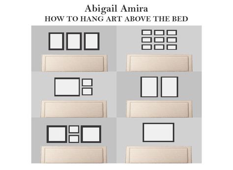 How to hang art above the bed. www.abigailamira.com Hanging Frames Above Bed, 3 Pictures Above Queen Bed, Pictures Above Queen Bed, Bed Wall Frame Ideas, Photos Above Headboard, Wall Art King Size Bed, How To Style Above Bed, Pictures Above King Size Bed, Picture Over King Size Bed