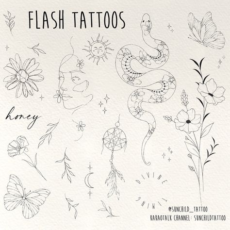 Classy Patchwork Tattoo, Tiny Flash Tattoo Sheet, Floral Tattoo Flash Sheet, Flash Design Tattoo, Cute Line Work Tattoos, Small Tattoos Patchwork, Patchwork Flash Sheet, Fine Line Flash Sheet, Sunchild Tattoo