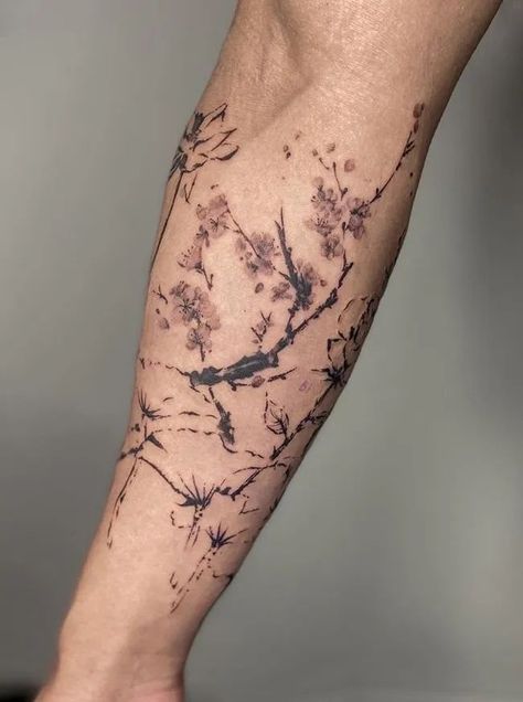 Stylish and Unique Cherry Blossom Tattoo Design For The Arms Aesthetic Sleeve Tattoo Men, Simple Full Arm Tattoo, Tattoo Designs Patchwork, Cherry Blossom Tree Tattoo Men, Branch Tattoo Men, Handtattoo Ideas, Red Ink Tattoos Men, Tree Arm Tattoo, Cherry Blossom Tattoo Men