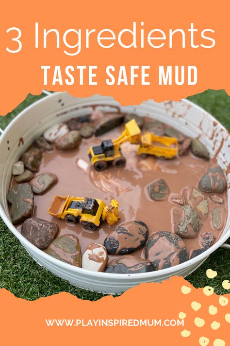 Toy construction trucks with fake taste safe mud and pebbles Taste Safe Mud Sensory, Taste Safe Mud Recipe, Messy Play Birthday Party Ideas, Sensory Mud Recipe, Edible Mud Sensory Play, Simple Messy Play Ideas, Outside Messy Play, Messy Play Outdoors, Mud Activities For Toddlers