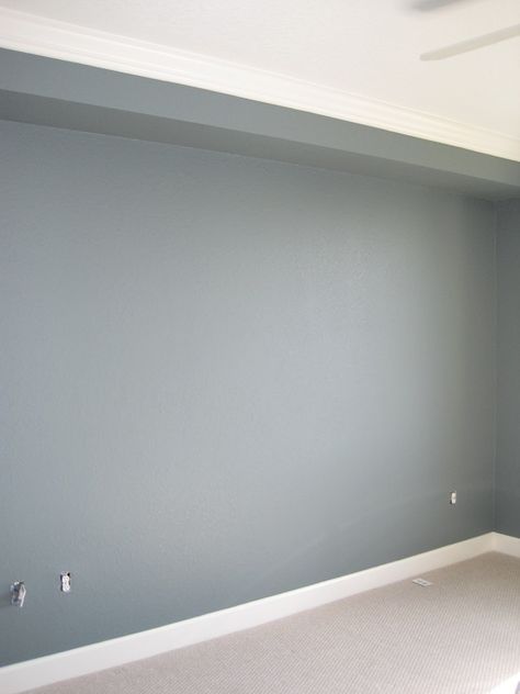 Wall paint color is Martha Stewart Schoolhouse Slate. Gorgeous blue/gray. Would be a stunning cabinet color too! Wall Paint Color, Blue Bedroom Walls, Guest Bedroom Remodel, Small Bedroom Remodel, Living Room Wall Color, Room Wall Colors, Gray Walls, Bedroom Remodel, Wall Paint Colors