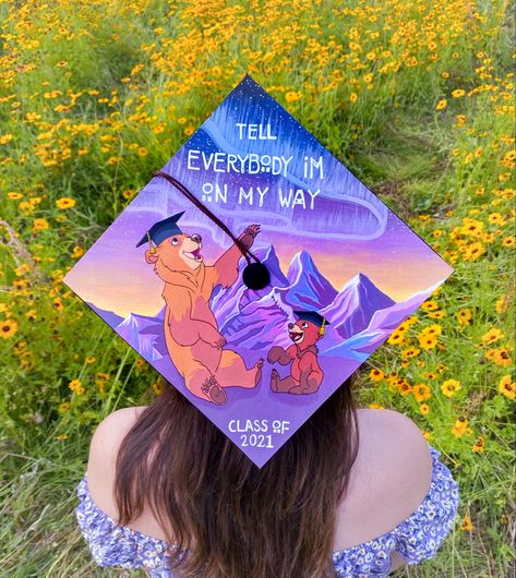 Disney Brother Bear High School College Graduation Grad Cap Brother Bear Graduation Cap, Disney Inspired Grad Caps, High School Grad Cap Ideas Disney, High School Graduation Cap Designs Disney, Ratatouille Graduation Cap, Avatar Graduation Cap, High School Grad Caps, Grad Cap Ideas Disney, High School Grad Cap Ideas