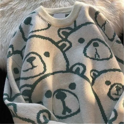 Mushini - Bear Print Knit Sweatshirt Winter Clothes Women, Y2k Long Sleeve, Couples Sweaters, Blue White Top, Outfit Korean, Y2k Tops, Korean Fashion Casual, Streetwear Y2k, Long Sleeve Tops Casual