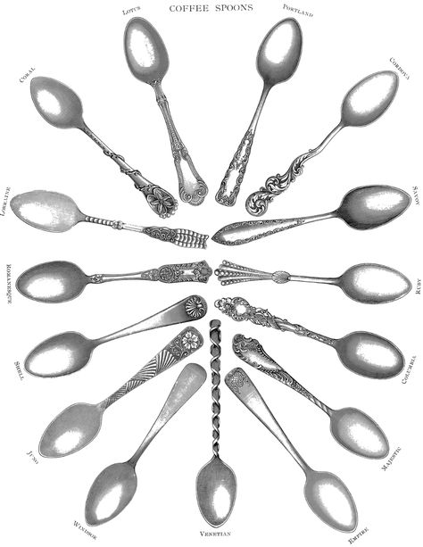 8 Free Fork and Spoon Clipart! - The Graphics Fairy Mural Bathroom, Antique Kitchen Decor, Cafe Store, Vintage Foto's, Bathroom Vintage, Free Wall Art, Coffee Spoons, Kitchen Decor Wall Art, Free Printable Wall Art