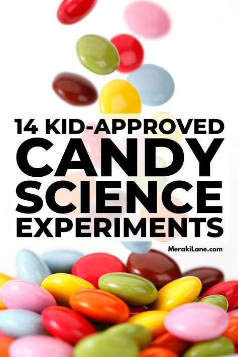 14 Candy Science Experiments for Kids | If you're looking for fun science activities for kids you can do at home - or in the classroom - these ideas are educational, fun, and delicious! Whether you're looking for holiday specific ideas - Halloween, Christmas, Valentine's Day, and Easter - or just want a fun way to enjoy candies like pop rocks, cotton candy, peppermint, and nerds, this post is full of STEM inspired experiments for kids of all ages and stages! Candy And Ice Experiment, Pop Up Science Projects, M And M Science Experiment, M&m Science Experiment, Science Experiments With Candy, Candy Science Fair Projects, Chocolate Science Experiments, Mentos Science Experiment, Candy Science Experiments For Kids