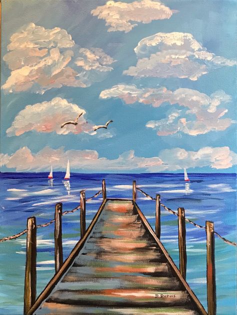 Summer Painting Acrylic, Easy Seascape Painting, Landscape Ocean Painting, Summer Landscape Drawing, Simple Beach Painting Ideas, Intermediate Painting Ideas, Ocean Landscape Drawing, Naturalisme Art, Beach Landscape Drawing