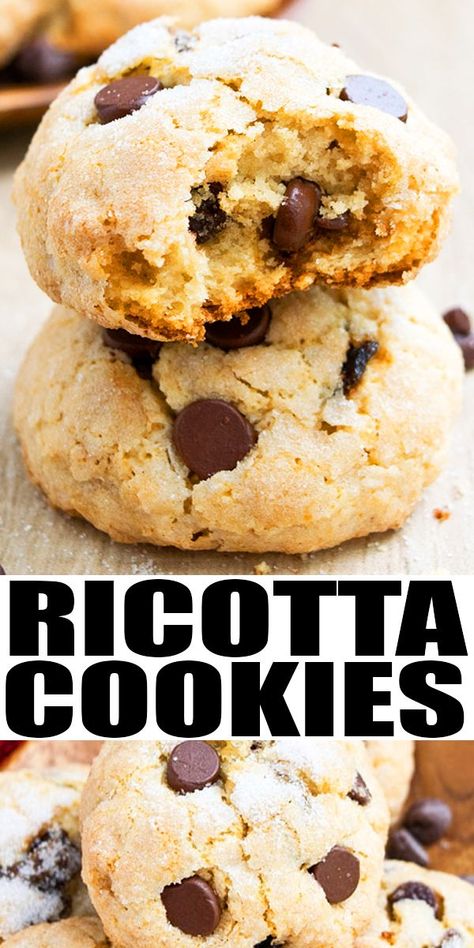 Ricotta Cheese Cookies, Recipe Using Ricotta, Ricotta Cookies Recipe, Ricotta Dessert, Desserts Simple, Ricotta Cheese Recipes, Cookies Chocolate Chip, Quick Cookies Recipes, Ricotta Cookies