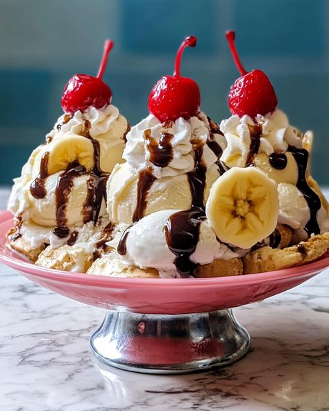 🍌 Classic Banana Split Ice Cream Sundae 🍦 Ingredients: - 1 ripe banana, split lengthwise - 1 scoop vanilla ice cream - 1 scoop chocolate ice cream - 1 scoop strawberry ice cream - 1/4 cup hot fudge sauce, warmed - 1/4 cup pineapple topping - 1/4 cup strawberry sauce - Whipped cream - Chopped nuts (optional) - Maraschino cherries Instructions: 1. Place the split banana halves in a long dessert dish. 2. Add a scoop of vanilla ice cream in the center, followed by chocolate and strawberry sco... Pineapple Topping, Banana Sundae, Banana Splits Sundae, Banana Split Ice Cream, Chocolate And Strawberry, Strawberry Sundae, Food Project, Hot Fudge Sauce, Maraschino Cherries