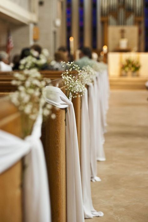 Aisle Pew Decorations, Aisle Decorations Wedding Pew, Ribbon On Pews For Wedding, Wedding Aisle Ribbon Decor, Chapel Aisle Decor, Chapel Pew Wedding Decorations, Diy Wedding Pew Decorations, Decorating Pews For Wedding, Pew Decor Wedding