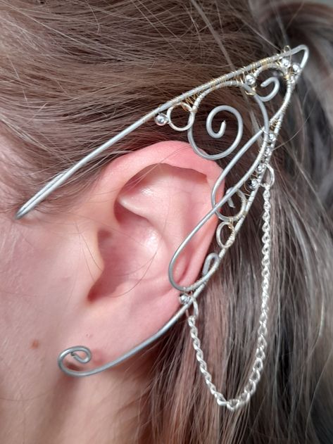 Silver beaded elf ears made from wire. Goblin Ears, Wire Elf Ears, Fairy Ears, Elf Ears, Handmade Jewellery, Wire Wrap, Wire Jewelry, Silver Beads, Halloween Costume