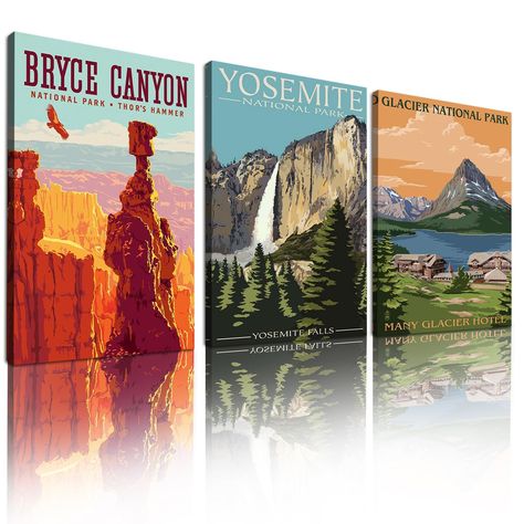 PRICES MAY VARY. PACKAGE INCLUDES: These vintage national park posters are unframed and have 3 different styles, enough quantity for you to decorate your room, the mountain and nature wall art prints make a nice housewarming gift for a new house, a refreshed apartment or a freshly decorated dorm. These mountain paintings are delicate posters for the room and nicely set the tone of your room. DIMENSION INFORMATION: Each mountain printed picture measures approx 12 x16 inch, which is proper size fo National Park Decor, Vintage National Park Posters, Yosemite Falls, Prints Set Of 3, Room Bedroom Decor, Mountain Print, National Park Posters, Park Art, Credit Union