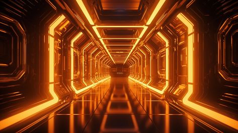 Sci Fi Neon Glowing Futuristic Illustration Orange Gold Spaceship Corridor In 3d Rendering#pikbest#Backgrounds#Others Gold Spaceship, Alien Experiment, Spaceship Background, Spaceship Corridor, Scifi Aesthetic, Futuristic Illustration, Sci Fi Background, Light Tunnel, Spaceship Interior