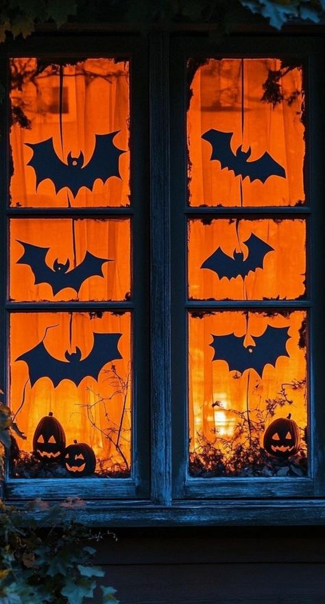 Transform your windows into portals of fright with these Halloween decorations! Create a 3D effect by layering cutouts of a haunted house, flying witches, and a full moon. Use battery-operated flickering candles in different heights for ambiance. Hang strings of miniature pumpkin lights. Create shadow puppets with cardboard and a small lamp. Display a collection of antique-looking potion bottles. Add holographic ghost projections for a high-tech scare. Don't forget to include some fall leaves an Halloween Window Ideas Diy, Spooky Silhouettes Halloween Window, Ghost Window Display, Halloween Shadow Window, Halloween Cardboard Window Cutouts, Halloween Window Cutouts, Cardboard Fall Decor Diy, Witchy Window, Fall Window Decorations