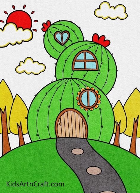 Beautiful Cactus House Drawing Tutorial For Kids Check more at https://www.kidsartncraft.com/cactus-house-drawing-tutorial/ House Drawing Tutorial, Basic Drawing For Kids, Drawing Pictures For Kids, House Drawing For Kids, Cactus House, Very Easy Drawing, Cactus Drawing, Doll Drawing