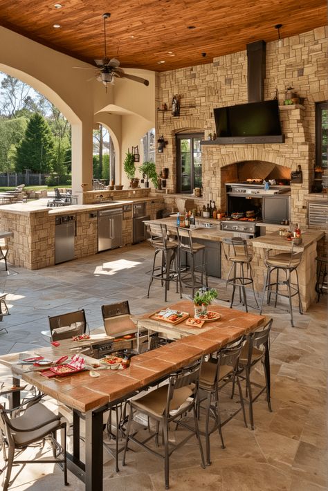 Outdoor Covered Kitchen, Barbeque Design, Rustic Outdoor Spaces, Rustic Outdoor Kitchens, Luxury Outdoor Kitchen, Patio Grande, Modern Backyard Landscaping, Outdoor Bbq Kitchen, Outdoor Bar Sets