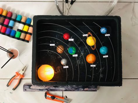 Solar system project for kids Box Solar System Project, Clay Solar System Model, Solar System Diorama Projects, Solar System Projects 3d, Solar System Projects For Kids 5th, Easy Solar System Projects For Kids, Planet Project Ideas, Solar System Model For Kids, Model Of Solar System