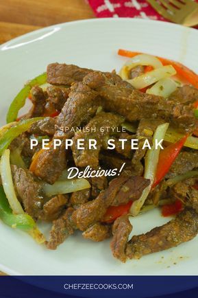 Spanish Style Pepper Steak is a great version of Carne Guisada that Dominicans and Puerto Ricans love. This authentic Latin Steak Recipe will definitely impress and feed a crowd! Try it out the next time that you make dinner! #SpanishSteak #DominicanRecipes #CarneGuisada Spanish Pepper Steak Recipe, Peper Steak, Bistec Encebollado, Hispanic Dishes, Skirt Steak Recipes, Pepper Steak Recipe, Steak And Onions, Beef Steak Recipes, Carne Guisada