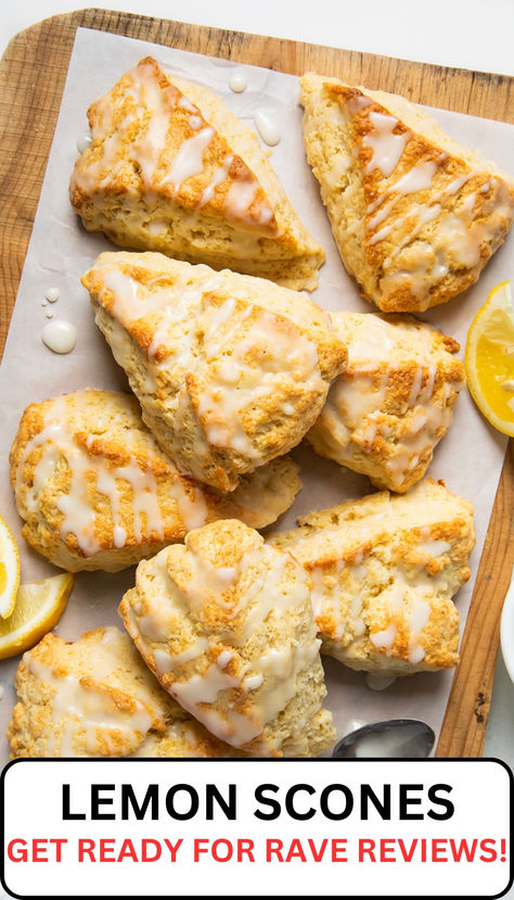 several scones are on parchment paper on a wooden board Lemon Ginger Scones, Easy Lemon Scones, Lemon Curd Scones Recipe, Scones Lemon, Baking Pastries, Lemon Scones Recipe, Lemon Breakfast, Fruit Treats, Tea Scones