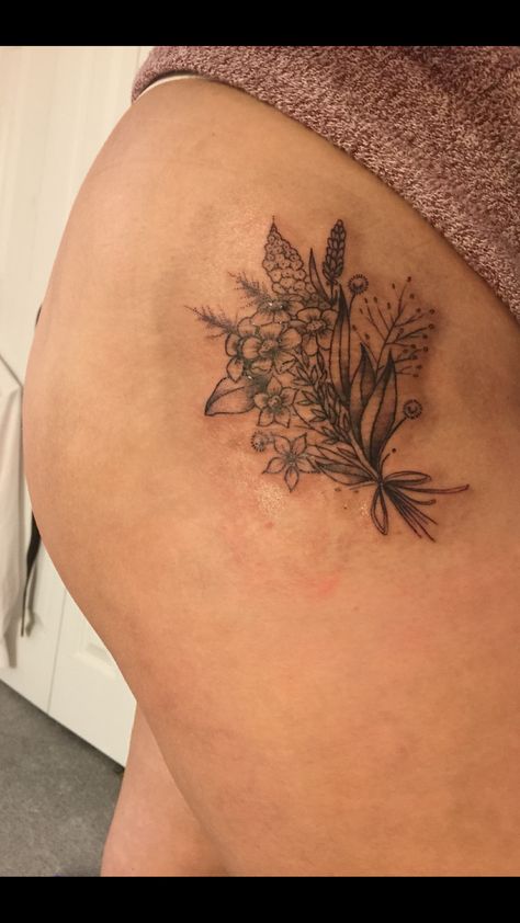 Wildflower bouquet on hip Wildflower Cover Up Tattoo, Side Tattoos Women, Bouquet Tattoo, Side Tattoos, Tattoo Cover-up, Wildflower Bouquet, Cover Up Tattoo, Cover Up Tattoos, Hip Tattoo