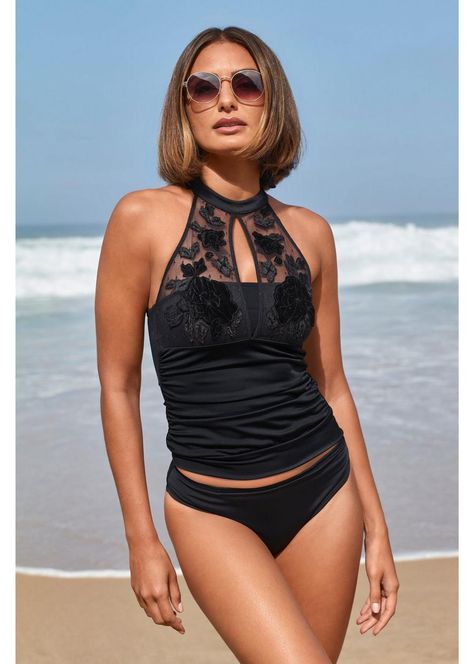 High-neck Embroidered Mesh Two-piece Tankini Swimsuit | Boston Proper Full Coverage Tankini, Fringe Bathing Suit, Swimwear 2022, Swimwear 2021, Summer Bathing Suits, High Neck Swimsuits, Black Two Piece, Tankini Swimsuit, Boston Proper