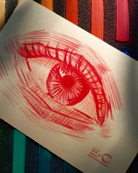 Red Eyes Art Drawing, Red Sharpie Drawing, Drawing With Red Pencil, Apple Of My Eye Drawing, Red Pencil Drawings, Red Pencil Sketch, Red Eye Drawing, Red Pen Sketch, Red Pen Drawings