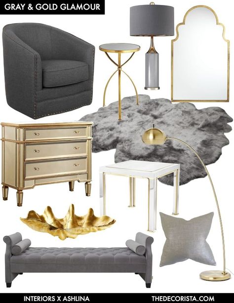 Color Crushing: decorating with gray and gold for glamour Grey And Gold Bedroom, Gold Living Room Decor, Glamourous Bedroom, Gold Furniture, Gold Living Room, Glam Living Room, Gold Bedroom, Gorgeous Bedrooms, Living Room Grey