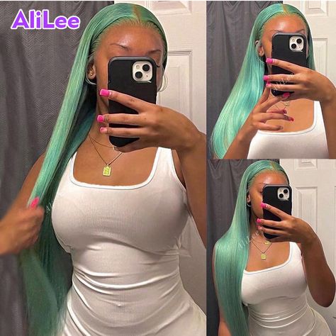 Alilee Mint Green Straight Human Hair Wigs Lace Front Wigs Pre-Plucked For Black Women Brazilian Fashion Hair Color, Wig With Closure, Color Straight Hair, Neon Green Color, Color Candy, Hair Lace Front Wigs, Curly Bob Wigs, Blue Wig, Grey Wig