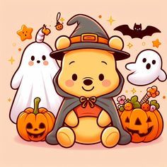 Halloween Cute Cartoon, Clip Art Thanksgiving, Halloween Pooh Bear, Cute Happy Halloween Images, Animals In Halloween Costumes Drawing, Fall Cartoon Characters, Cute Happy Halloween Pictures, Halloween Vintage Cartoon, Halloween Backgrounds Cute