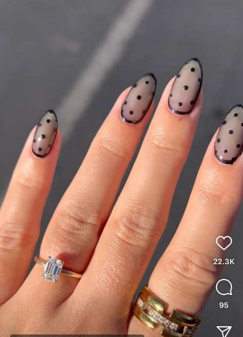 Sheer Black Polka Dot Nails, Jelly Polka Dot Nails, Minimal Dot Nails, Nails For All Black Outfit, White Nails With Black Polka Dots, Pokadot Nails Fall, Fall Dot Nails, Navy Polka Dot Nails, Sheer Polka Dot Nails