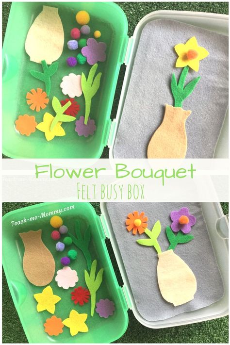 Flower bouquet busy box for preschoolers. Quiet Time Boxes, Quiet Time Activities, Busy Boxes, Quiet Activities, Spring Preschool, Daycare Activities, Busy Bags, Toddler Play, Spring Activities