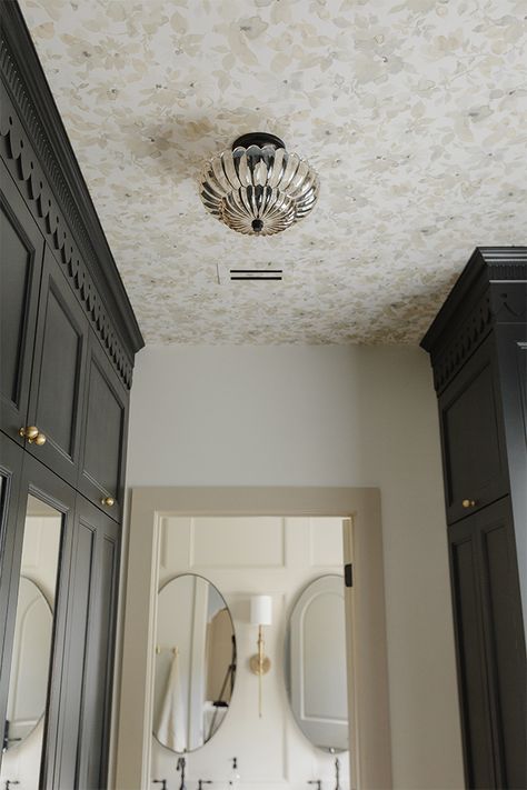 The Big Closet Reveal - Jenna Sue Design Blog Blue Master Closet, Victorian Closet Ideas, Closet Wallpaper Ceiling, Closet Ceiling Wallpaper, Wallpaper In Closet Walk In, Master Closet Wallpaper, Closet Flooring Ideas, Vintage Closet Ideas, Wallpaper Closet Ideas