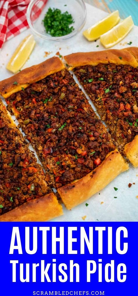 Create this authentic Turkish Pide recipe filled with a rich meat mixture in a perfectly cooked crust that is loaded with flavor and easy to prepare! #TurkishPide #TurkishRecipe #Pide #Flatbread #EasyRecipe Pide Recipe Turkish, Healthy Chicken Sandwich Recipes, Pide Recipe, Turkish Flatbread, Food Turkish, Turkish Pide, Turkish Pizza, Bakery Food, Healthy Vegetable Recipes