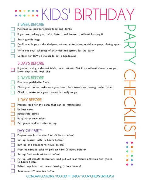 Kids birthday Party Checklist! With this checklist, you no longer have to wonder when to order the cake or when to send out the invitations, because it's all here. Just print out this list and you're ready to go! Timeline planning food prep to do list Kids Birthday Party Checklist, Birthday Checklist, Kids Birthday Party Planner, Birthday Party Planning Checklist, Checklist For Kids, Birthday Party Checklist, Kids Party Planning, Party Planning Checklist, Birthday Party Planner