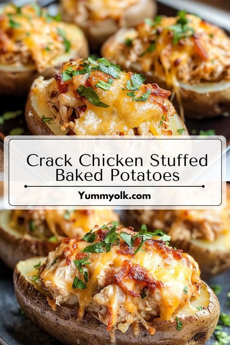 **Cheesy Crack Chicken Stuffed Baked Potatoes**

A hearty and delicious meal, these stuffed baked potatoes are packed with flavor. Creamy chicken, crispy bacon, and melted cheese make the perfect combination.

#bakedpotatoes #chicken #cheese #comfortfood #dinner #recipe #cooking #food #foodie #homecooking Barbecue Chicken Baked Potato, Rotisserie Chicken Baked Potato, Chicken Pot Pie Baked Potato, Ground Chicken Baked Potatoes, Twice Baked Potatoes With Chicken, Chicken Stuffed Potatoes Recipes, Chicken With Baked Potatoes, Stuffed Potatoes Chicken, Stuffed Potatoes With Chicken