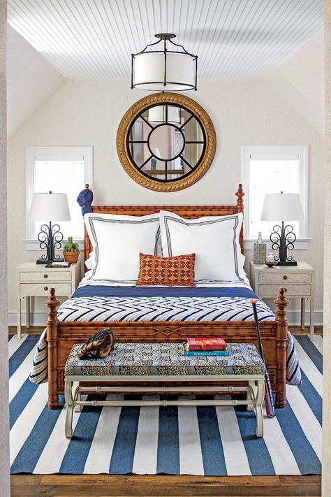 Masculine Coastal Bedroom, Duvet Pattern, Striped Rugs, Big Rug, Nautical Bedroom, Masculine Bedroom, Bunny Williams Home, Rattan Bed, Beadboard Ceiling