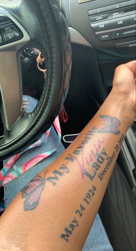 Forearm Tattoo Grandma, Arm Tattoos For Women Memorial, Grandma Tattoo In Memory Of For Black Women, Forearm Tattoo Women Loved Ones, Tattos For Grandmas, Tattoos With Mothers Name, My Favorite Lady Tattoo, Tattoo Ideas About Grandma, Forearm Mom Tattoo