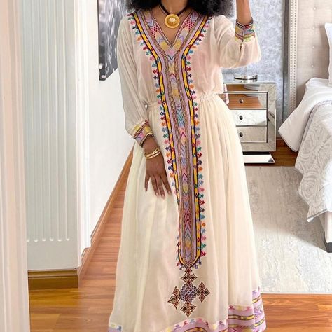 Hand Embroidery Ethiopian Traditional Dress Arabic Dress Traditional, Sudanese Dress, Polynesian Clothing, African Indigenous, Eritrean Clothing, Jewish Clothing, Yves Saint Laurent Dress, Eritrean Dress, Ethiopian Clothing