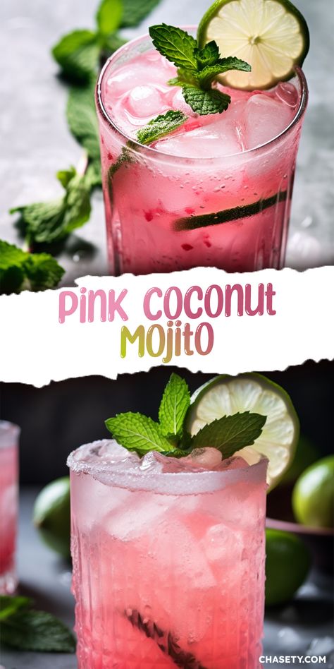 Strawberry Coconut Mojito, Pink Coconut Mojito, Coconut Mojito Mocktail, Pitcher Mock Tails, Pink And Green Cocktail, Mojito Flight, Easy Beach Drinks, Flavored Mojitos, Pink Mocktails Non Alcoholic