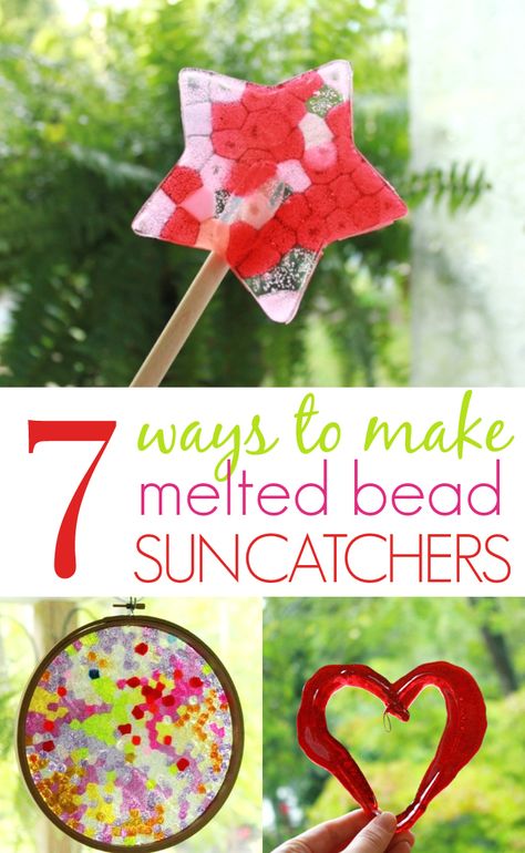 Make melted bead sun catchers and practice using a variety of fine motor skills! Homemade Suncatchers, Melted Bead Suncatcher, Melted Pony Beads, Melted Bead Crafts, Bead Suncatcher, Pony Bead Crafts, Plastic Bottle Flowers, Melted Plastic, Melting Beads