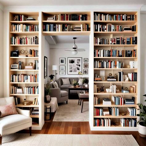 Divide A Room With Bookcases, Library Basement Ideas, Bookcase Partition, Ways To Divide A Room, Bookshelf Room Divider, Wall Dividers, Room Divider Ideas, Panel Divider, Office Dividers