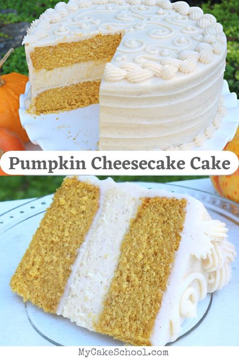 Pumpkin Cheesecake Cake | My Cake School Pumpkin Cheesecake Cake Recipe, Pumpkin Cake Cheesecake, Fall Cheese Cakes Recipes, Pumpkin Cheesecake Cake, Homemade Pumpkin Spice Cake, Cheesecake Cakes, My Cake School, Dessert For Fall, Pumpkin Cakes