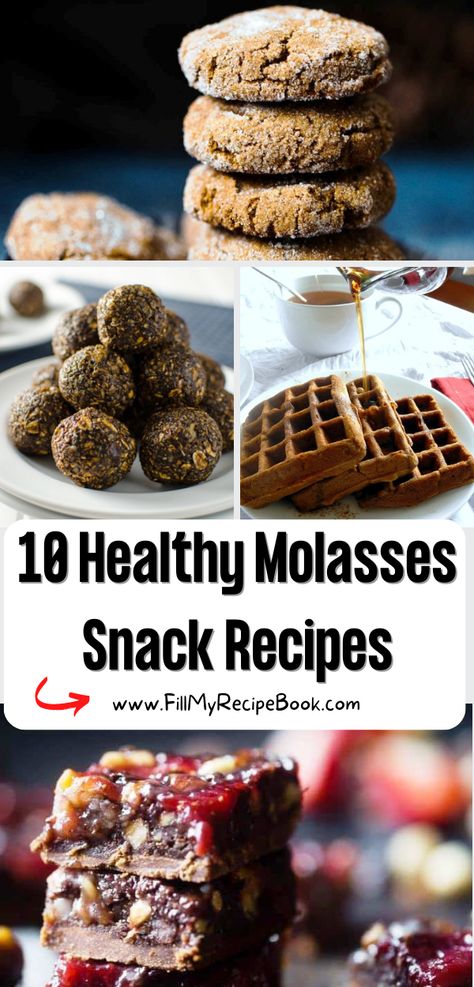 10 Healthy Molasses Snack Recipes ideas. Tasty sweet homemade desserts, in cookies, waffles, snack bars, biscuits and cakes recipes. Molasses Dessert Recipes, Dark Corn Syrup Recipes, Healthy Molasses Recipes, Baking With Molasses, Desserts With Molasses, Healthy Molasses Cookies, Molasses Recipes Healthy, Recipes Using Molasses, Black Strap Molasses Recipes