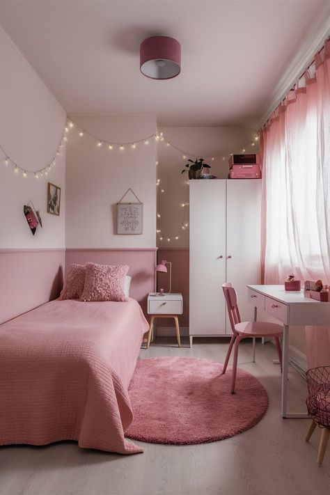 Pink And White Small Bedroom, Pink White Wood Bedroom, Simple Pink Room Decor, Pink Minimalistic Room, Bilik Tidur Simple, Simple Pink Bedroom Ideas, Minimal Pink Bedroom, Pink Room Minimalist, Simple Pink Room Aesthetic