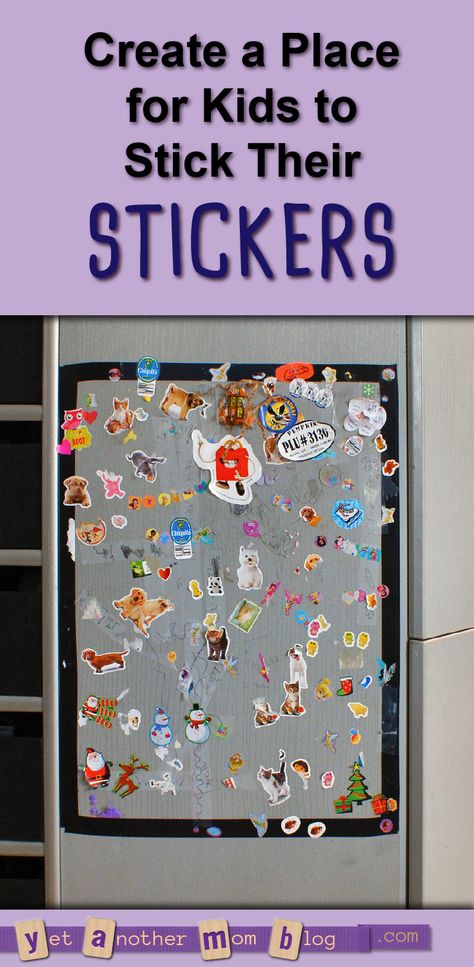 Create a Place for Kids to Stick Their Stickers... give them a special spot to put their stickers on display without damaging your walls and furniture! Sticker Board Ideas Wall, Displaying Stickers Collection, Ideas For Stickers Collection, Sticker Collage Display, Sticker Placement Ideas, Sticker Board Ideas, Sticker Display Ideas Wall Art, How To Display Stickers, Sticker Collection Display Ideas