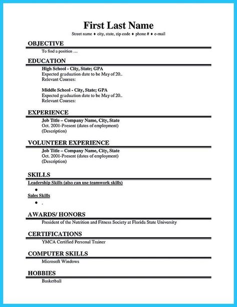 College Student Resume, High School Resume Template, First Job Resume, Basic Resume Examples, Resume Outline, Teen Resume, High School Resume, Job Resume Format, College Resume Template