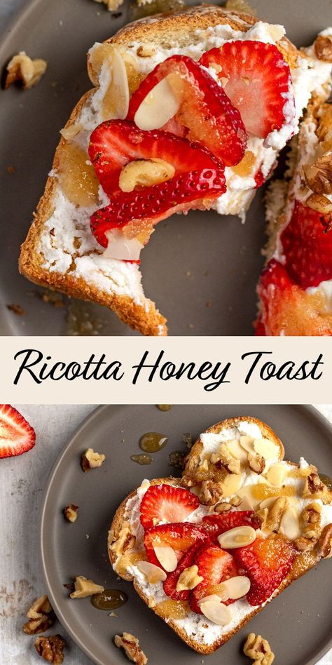 This easy ricotta honey toast is a simple 5 minute breakfast or fancy appetizer. Crispy toast, with a spread of creamy ricotta topped with walnuts, sliced almonds, fresh strawberries and a drizzle of warm honey. Toast With Honey Breakfast, Berry Ricotta Toast, Ricotta Breakfast Toast, Breakfast Crostini Recipes, Blackberry Ricotta Toast, Good Toast Recipes, Mediterranean Breakfast Toast, Italian Food Breakfast, Ricotta Cheese Toast Recipes