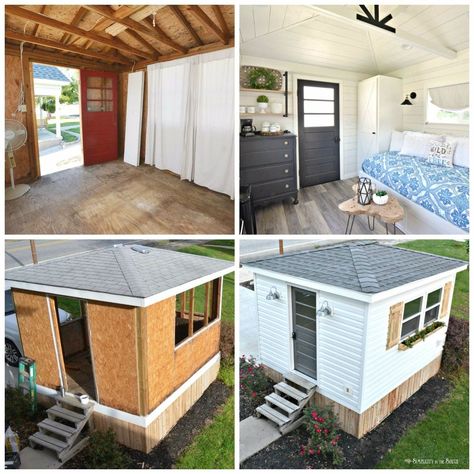 CONVERT SHED TO A GUEST COTTAGE? From Garden Shed to Modern Farmhouse Guest Cottage in 5 Weeks Shed Cottage, Guest House Shed, Diy Garden Shed, Converted Shed, Tiny Guest House, Garden Shed Plans, Backyard Guest Houses, Shed To Tiny House, Small Sheds